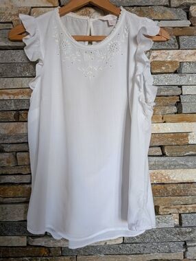 Lauren Conrad Brand Feminine,  White Embroidered Women's Top, Size L